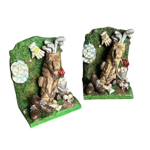 Set of Vintage Resin Relief Golf Themed Bookends - Picture 1 of 8